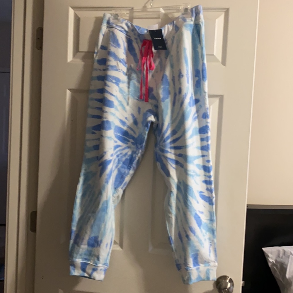 J. Crew Blue & White Tie-Dye Track Pants with Pink Drawstring - Picture 2 of 11